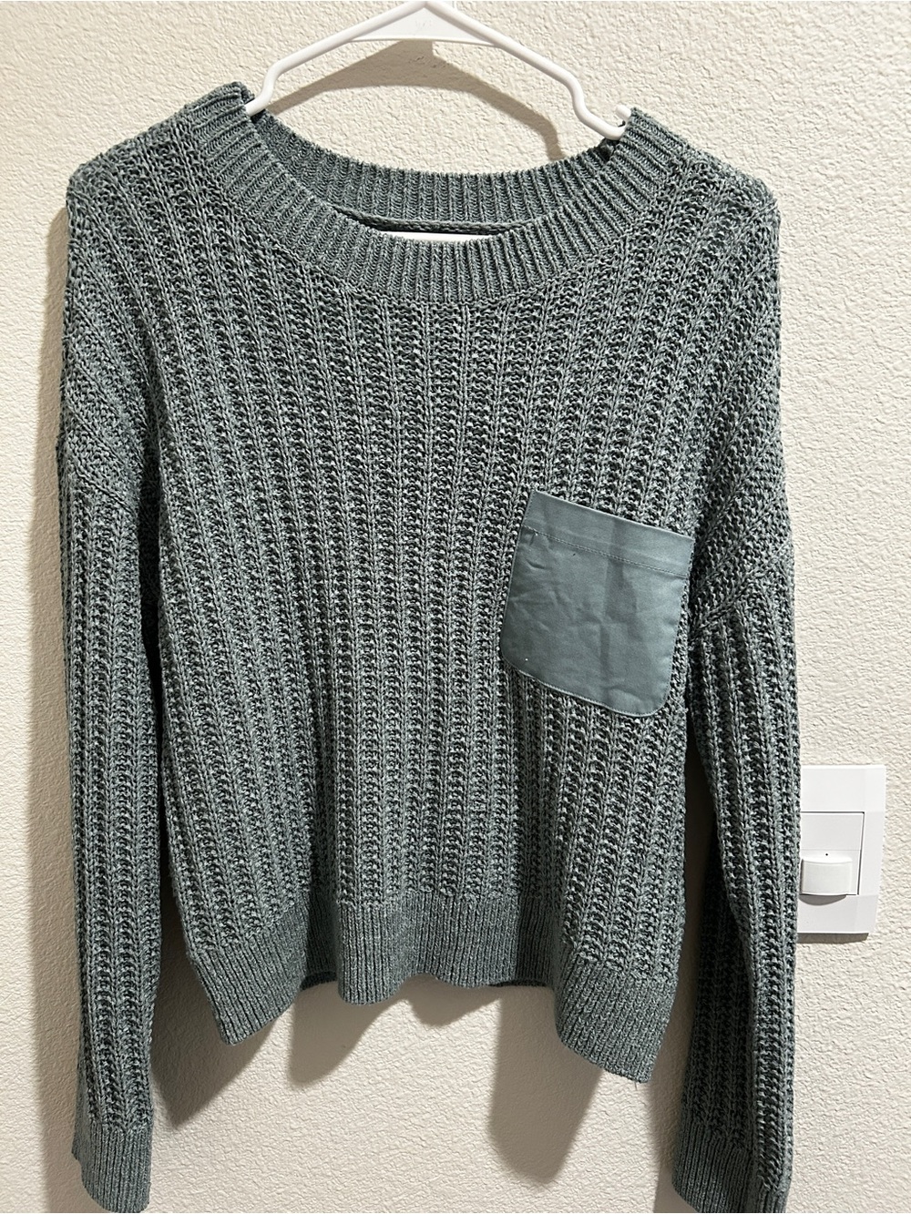 LOFT Crewneck Waffle Knit Sweater with Chest Pocket - Sage